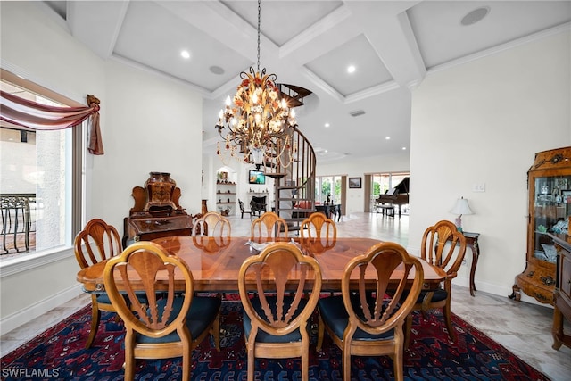 dining area with coffered ceiling, light tile flooring, a healthy amount of sunlight, and a chandelier