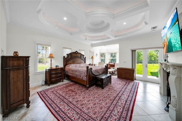 bedroom featuring light tile floors, coffered ceiling, multiple windows, and french doors