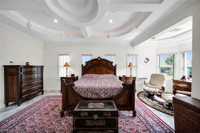 bedroom with light tile flooring, coffered ceiling, and crown molding