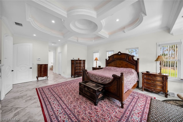 bedroom with coffered ceiling, light tile flooring, and ornamental molding