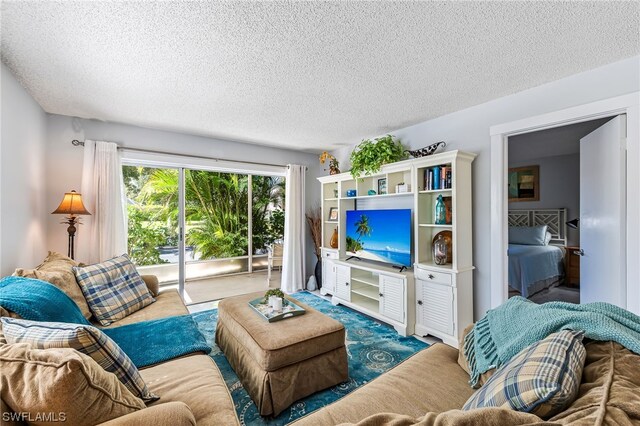 carpeted living room featuring a textured ceiling