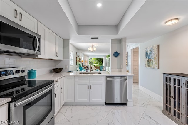 kitchen featuring kitchen peninsula, sink, white cabinetry, and stainless steel appliances