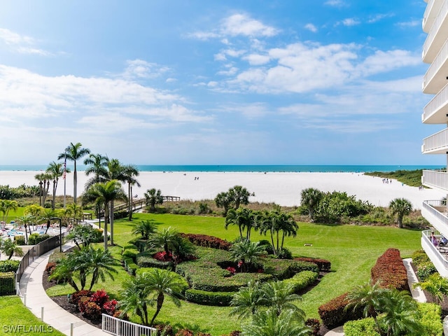 view of water feature with a beach view