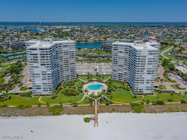 aerial view featuring a water view