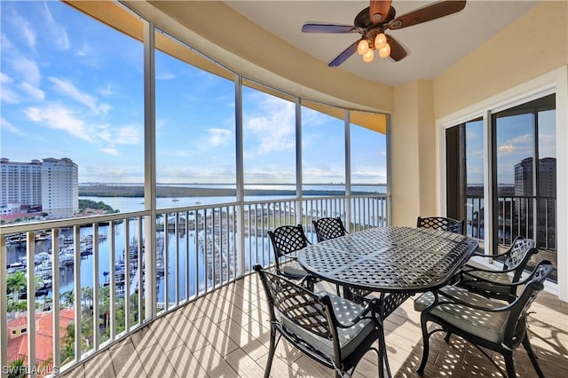 sunroom / solarium with ceiling fan and a water view