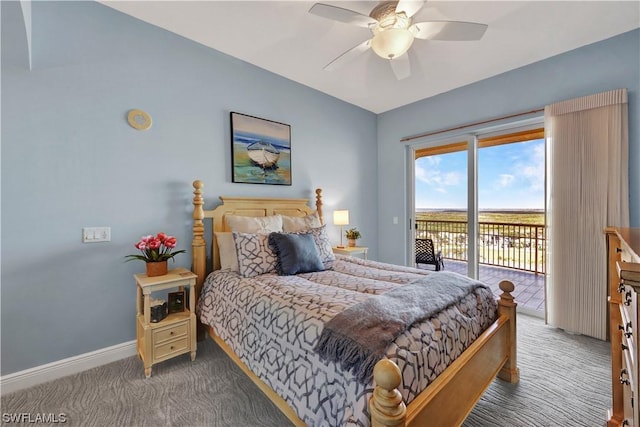 carpeted bedroom featuring ceiling fan and access to exterior