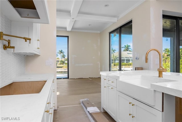 kitchen with backsplash, a wealth of natural light, sink, and light stone countertops