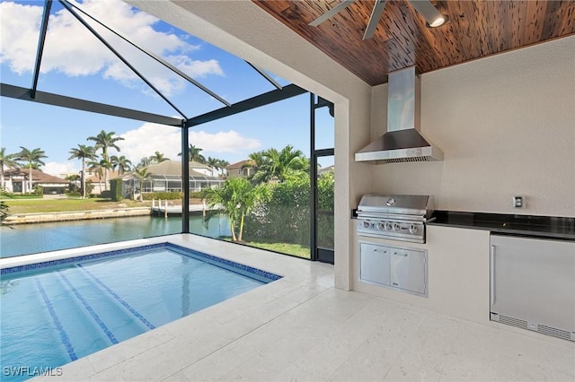 pool with ceiling fan, a water view, and a grill