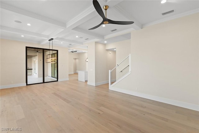 spare room with recessed lighting, a ceiling fan, baseboards, light wood-style floors, and beam ceiling