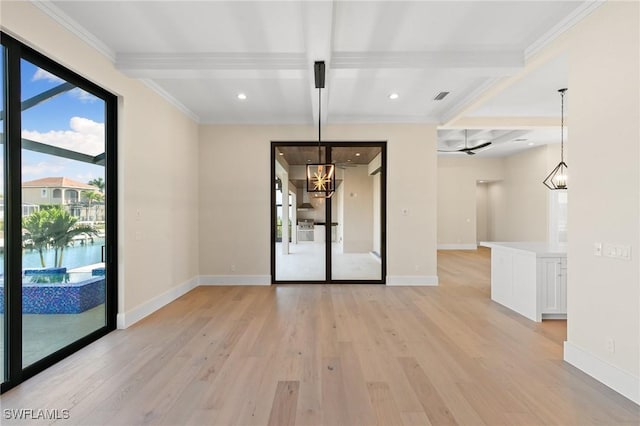 unfurnished dining area with light wood finished floors, baseboards, coffered ceiling, and beamed ceiling