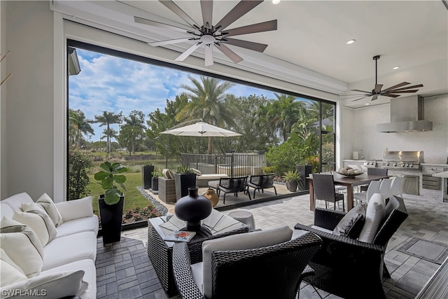 interior space featuring ceiling fan