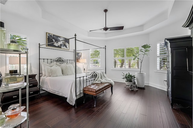 bedroom with ceiling fan, a tray ceiling, and dark hardwood / wood-style flooring