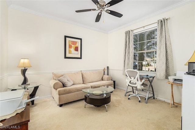 living room featuring light carpet, crown molding, and ceiling fan