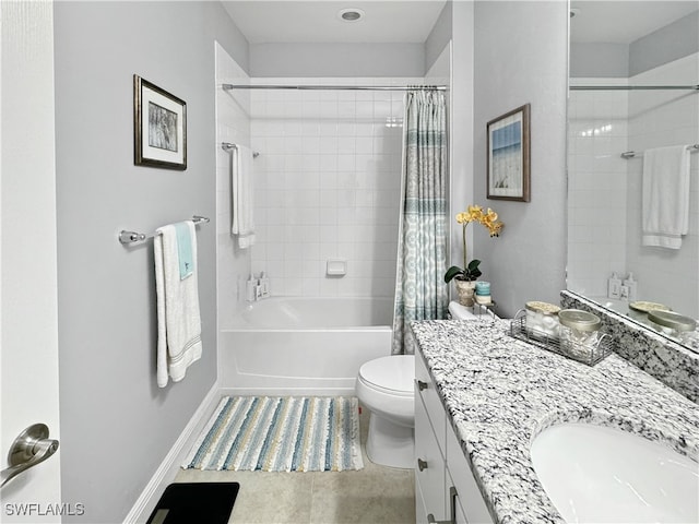 full bathroom featuring tile patterned floors, shower / bath combo, toilet, and vanity