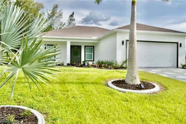 ranch-style house featuring a front lawn and a garage