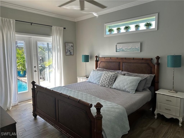 bedroom with crown molding, ceiling fan, wood-type flooring, and access to exterior