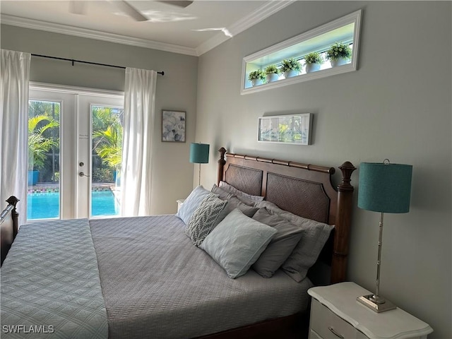 bedroom with french doors, ornamental molding, access to exterior, and multiple windows