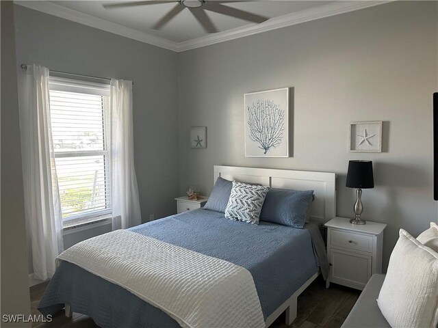 bedroom featuring ceiling fan, ornamental molding, and dark hardwood / wood-style flooring