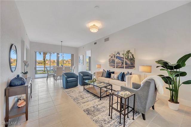 living room with light tile patterned floors