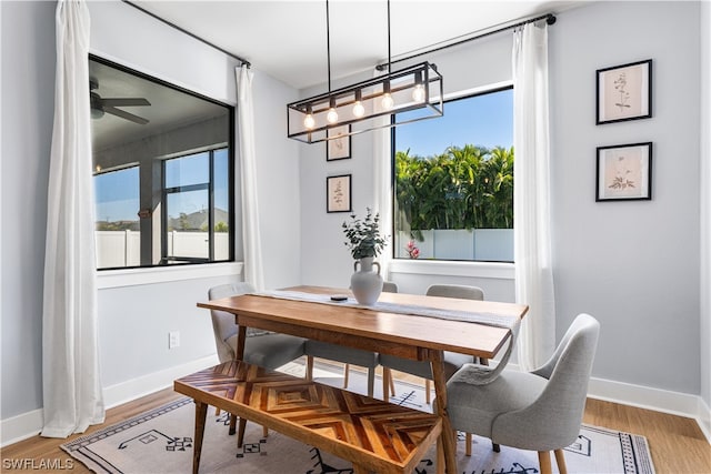 dining area with ceiling fan with notable chandelier and light wood-type flooring