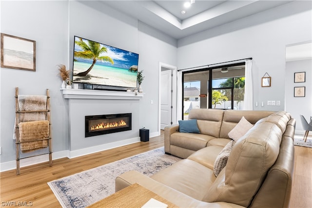 living room featuring light hardwood / wood-style floors and a high ceiling