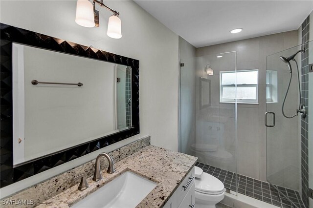 bathroom with toilet, walk in shower, and vanity