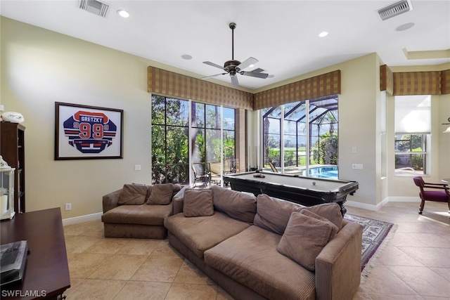 tiled living room featuring billiards and ceiling fan