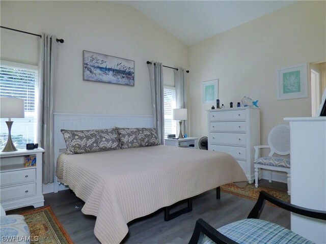 bedroom with dark hardwood / wood-style flooring and vaulted ceiling