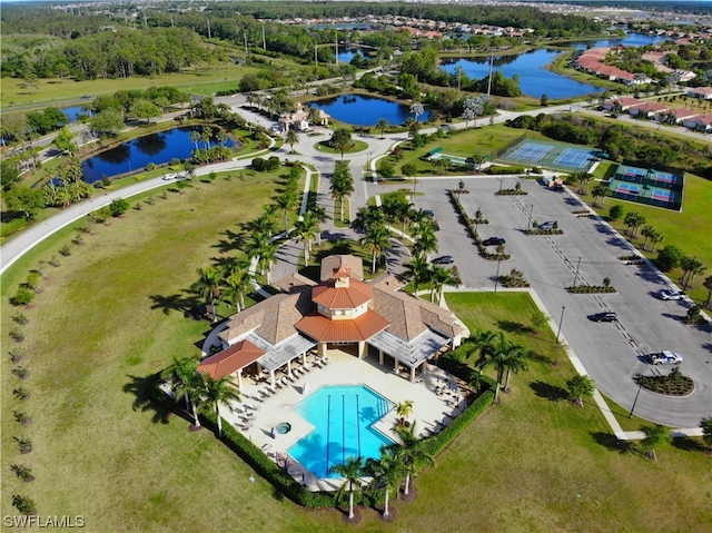 aerial view featuring a water view