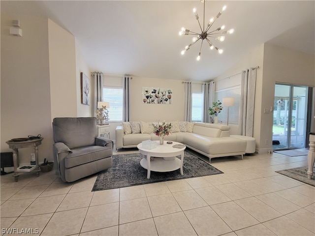 tiled living room featuring vaulted ceiling and a notable chandelier