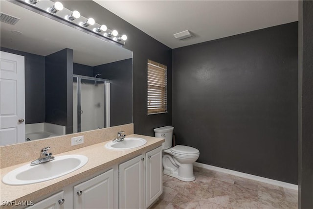 full bathroom with shower with separate bathtub, vanity, and toilet