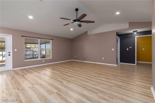 unfurnished living room with light hardwood / wood-style floors, vaulted ceiling, and ceiling fan