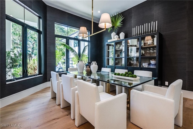 dining room with baseboards, a high ceiling, and wood finished floors