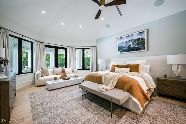 bedroom featuring recessed lighting, light wood-style floors, and ceiling fan