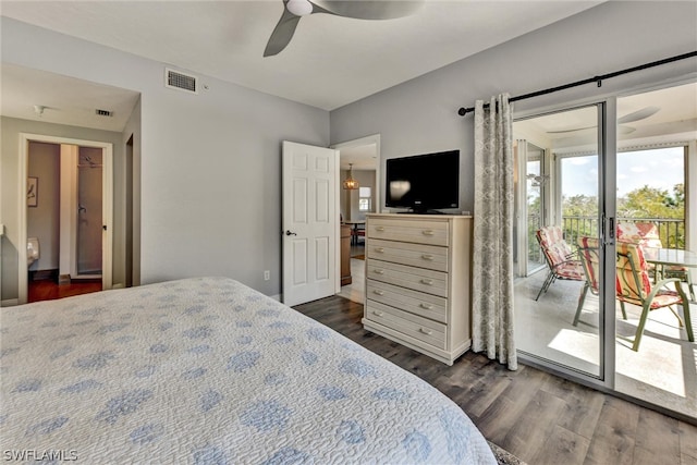 bedroom with dark hardwood / wood-style floors, ceiling fan, and access to outside