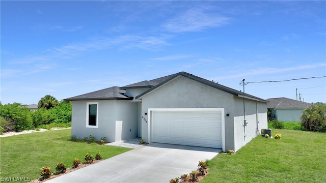 single story home featuring a front yard and a garage