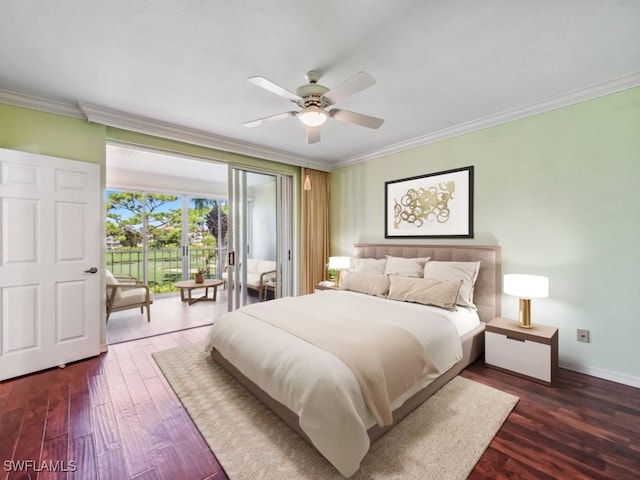 bedroom with crown molding, ceiling fan, and dark wood-type flooring