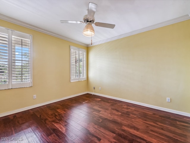 unfurnished room featuring dark hardwood / wood-style floors, ceiling fan, and ornamental molding