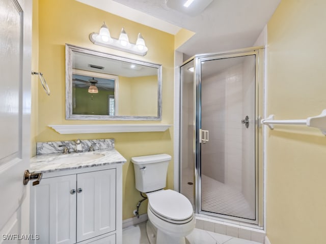 bathroom with tile patterned floors, vanity, toilet, and a shower with shower door