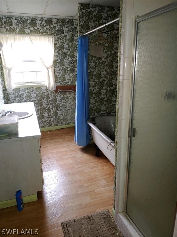 bathroom with vanity, shower with separate bathtub, and hardwood / wood-style flooring