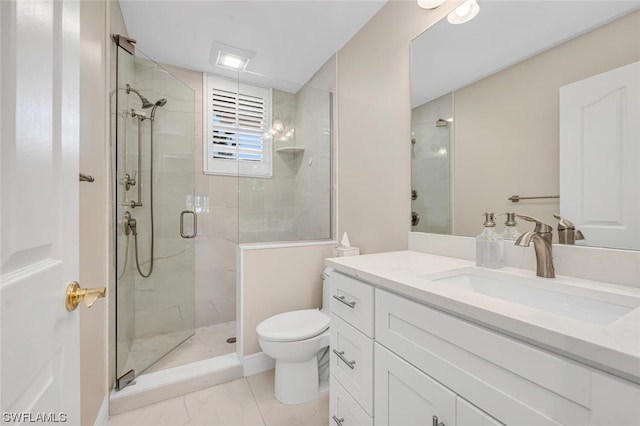 bathroom featuring oversized vanity, toilet, tile floors, and walk in shower