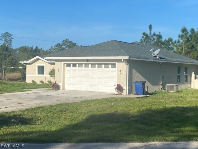 single story home with a front yard, central AC unit, and a garage