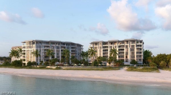 view of water feature with a beach view