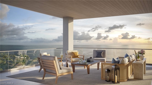 view of patio featuring a water view and a balcony