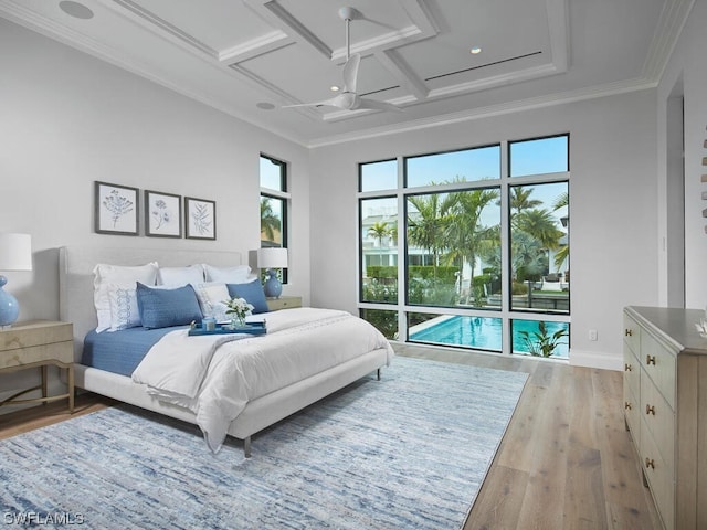 bedroom with coffered ceiling, light hardwood / wood-style flooring, ornamental molding, and ceiling fan