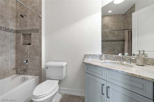 full bathroom featuring vanity, tile patterned floors, shower / bath combination with curtain, and toilet