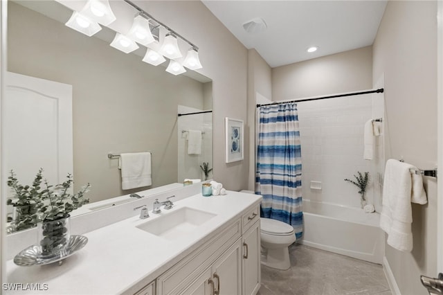 full bathroom with vanity, toilet, and shower / bathtub combination with curtain