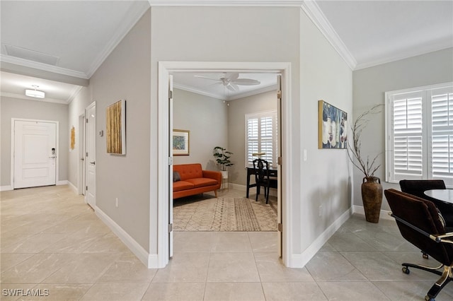 office space with crown molding and ceiling fan