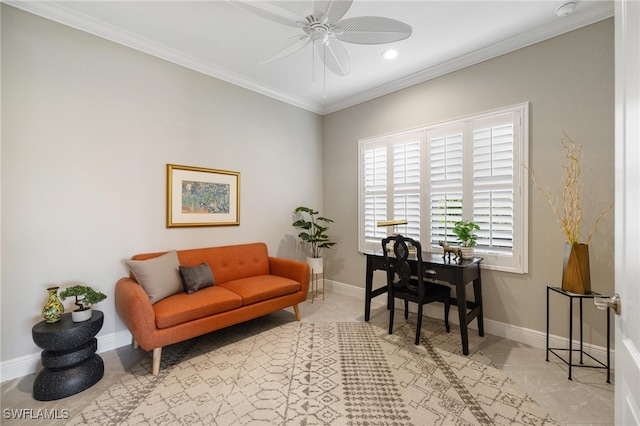 living area featuring crown molding and ceiling fan