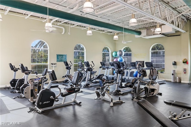 workout area featuring a towering ceiling